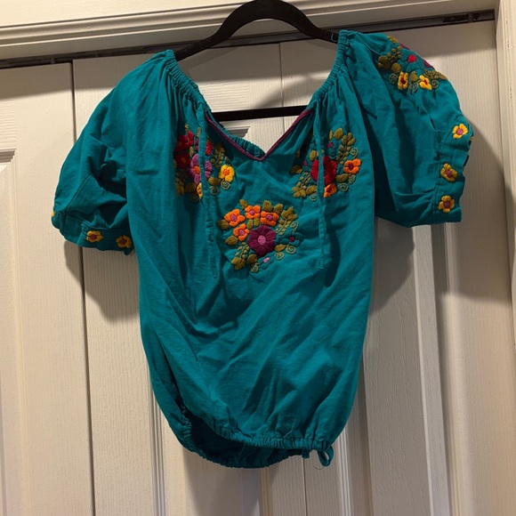 Tops - Embroidered Teal Peasant Top